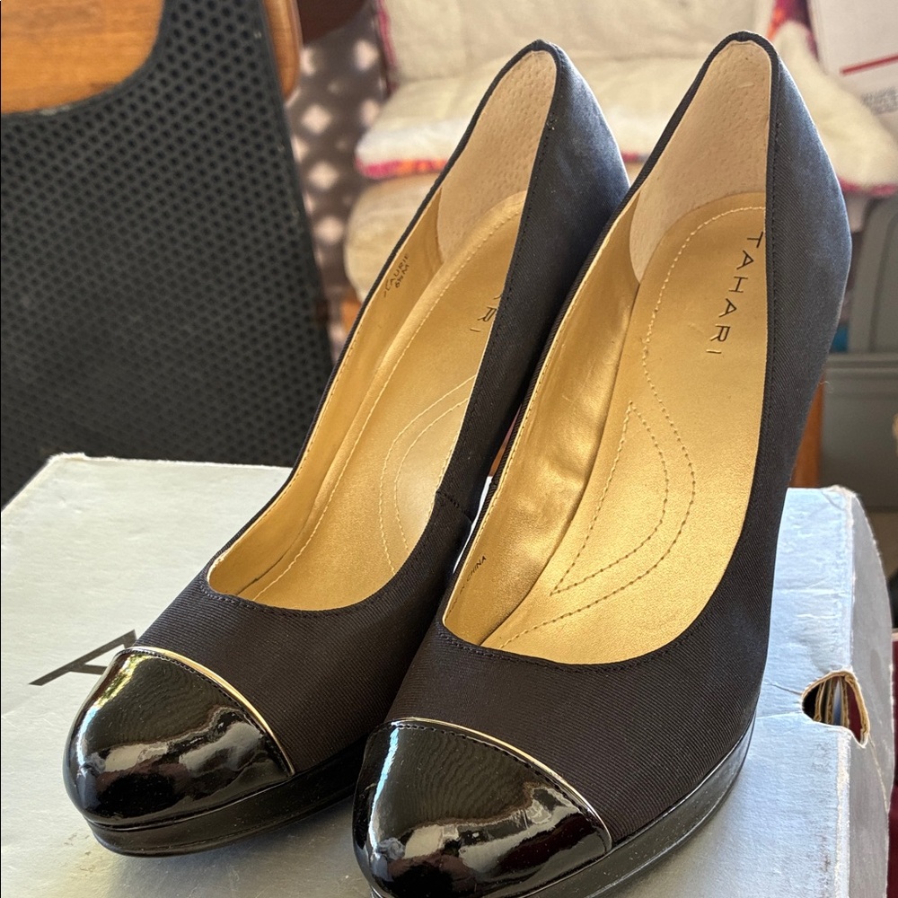 Tahari Black and Gold Cap-Toe Heels